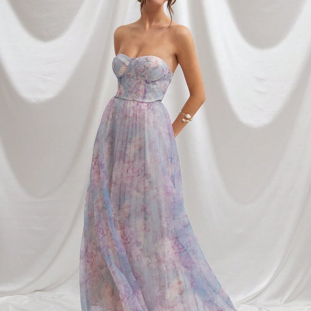 Blue Romantic Floral Women's Maxi Tube Dress